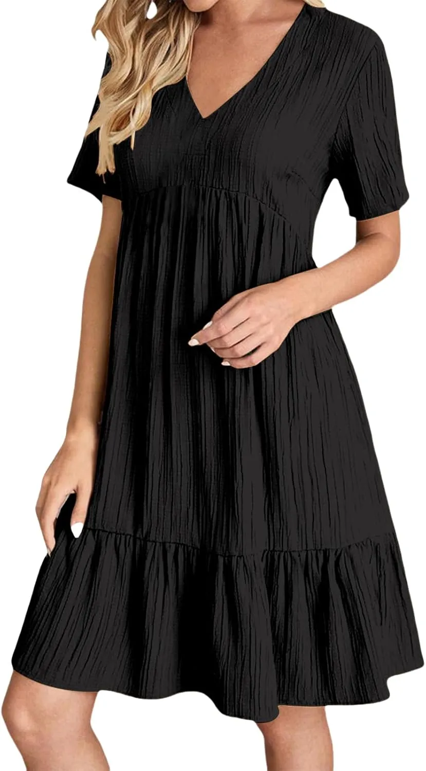 Short Sleeve Dress for Women Casual Summer V Neck Loose Ruffle Midi Dresses Solid Flowy Tiered Swing Beach Sundress