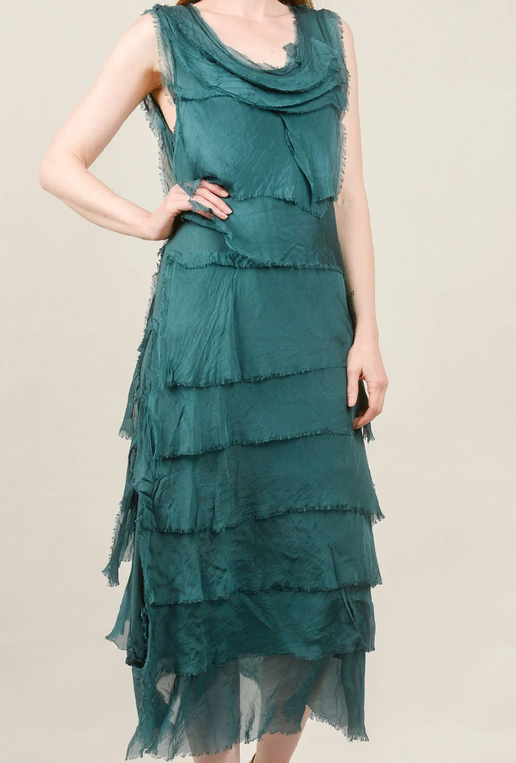 Silk Maxi Ruffle Dress, Teal