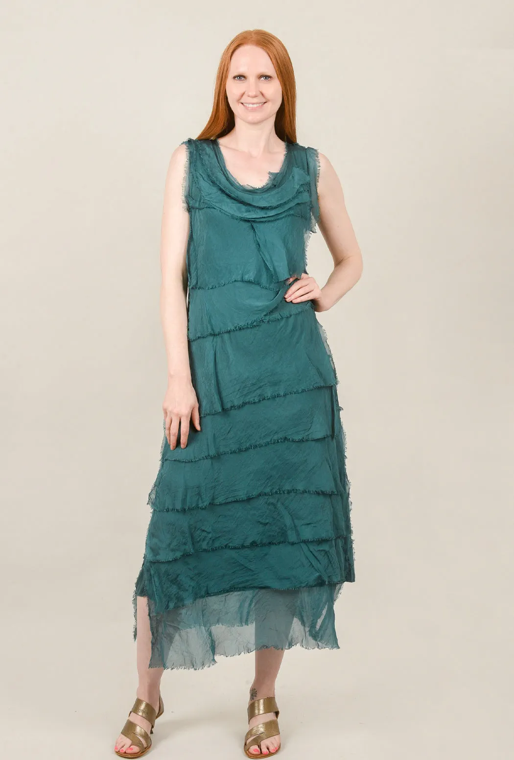 Silk Maxi Ruffle Dress, Teal