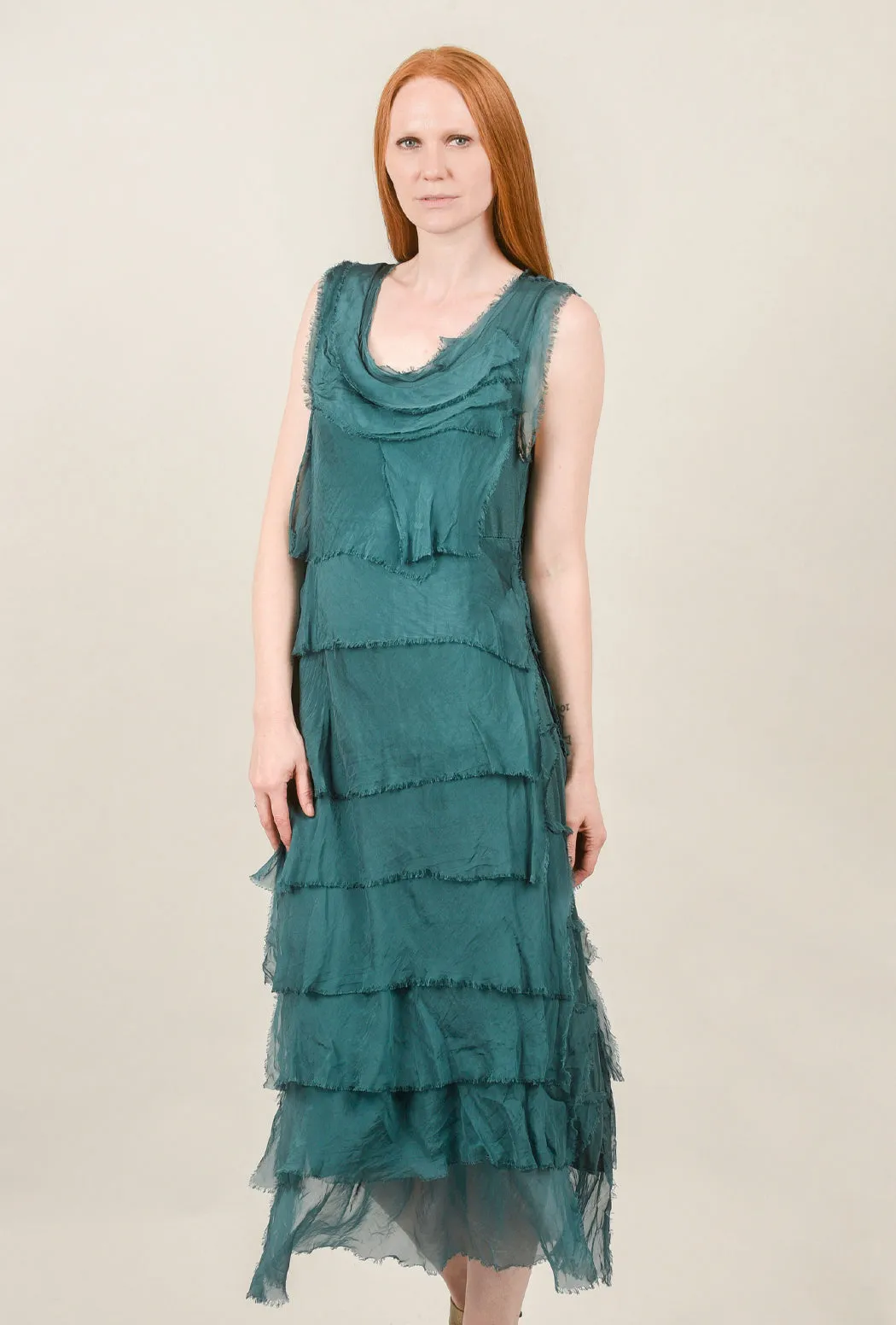 Silk Maxi Ruffle Dress, Teal