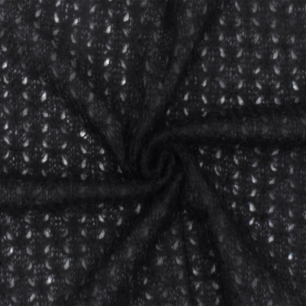 Simple Black Abstract Wool Blend Crochet Knit Fabric