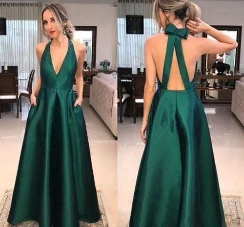 Simple Green Satin V-neck A-line Long Prom Dresses, Elegant Formal Dresses TP0164