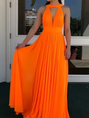 Simple Long Chiffon Halter Backless A-line Prom Dresses PD547