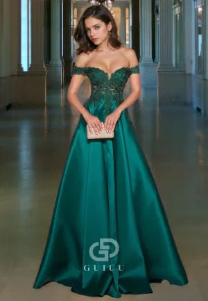 Simple Off-Shoulder A-Line Sexy Dark Green Prom Dress with Lace Appliques and Pleats