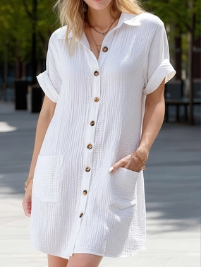 Simple V-Neck Button-Up Dress ??Casual Elegant Summer Dress for Women Simple V-Neck Button-Up Dress ??Casual Elegant Summer Dress for Women