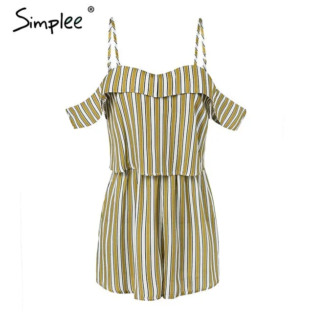 Simplee Stripe off shoulder sexy rompers Womens jumpsuit high waist summer beach playsuit 2018 Casual strap chiffon overalls