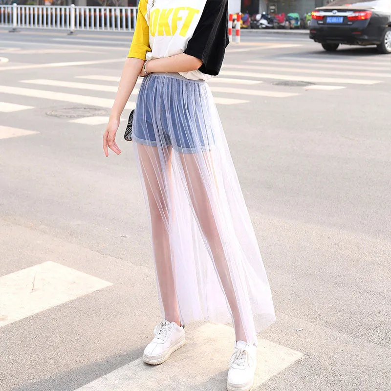 Single Layer Mesh Skirt Korean Flare Slim Look Dress Sweet Casual Fairy All-Matching Skirt