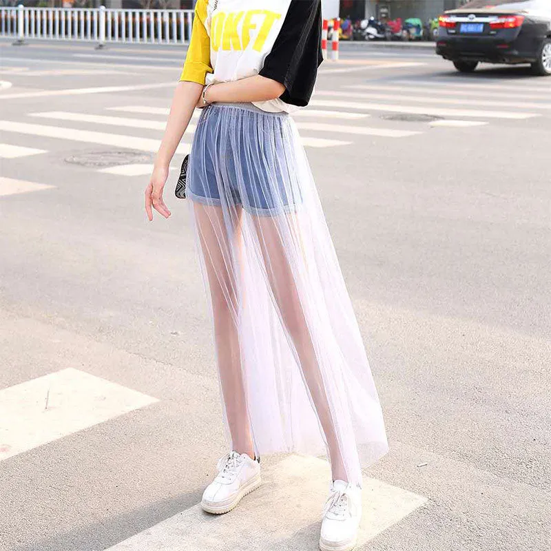 Single Layer Mesh Skirt Korean Flare Slim Look Dress Sweet Casual Fairy All-Matching Skirt