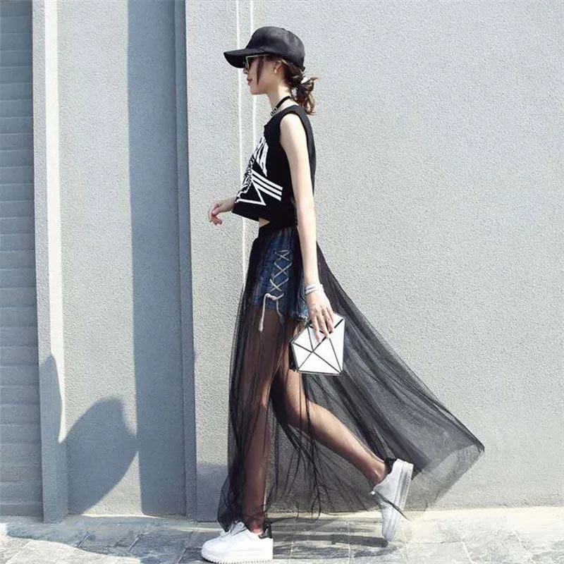 Single Layer Mesh Skirt Korean Flare Slim Look Dress Sweet Casual Fairy All-Matching Skirt