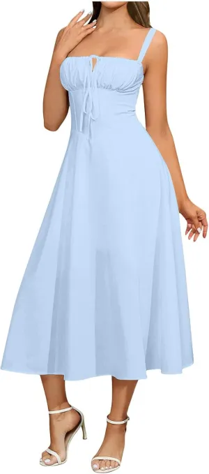Sinzelimin Dresses for Women Sexy Sleeveless Lace up Corset Sling Midi Dress Summer Fashion Solid Color Beach Casual Sundress