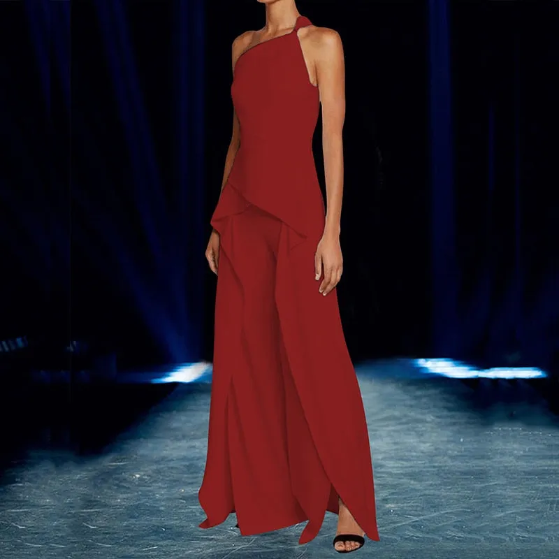 Skew Collar Sling Elegant Ruffle Waist Casual Wide Leg Jumpsuit