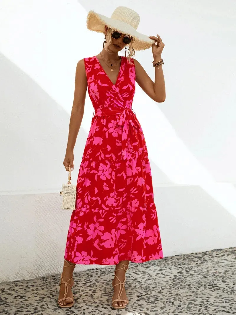 Skinny Elegant Floral V-neck Sleeveless High Waist A-line Midi Dress