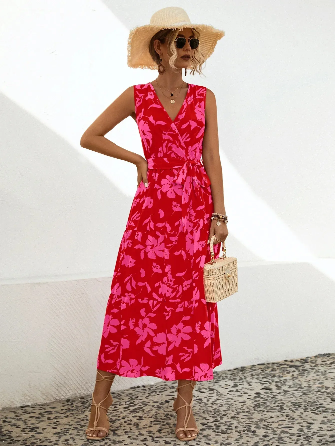 Skinny Elegant Floral V-neck Sleeveless High Waist A-line Midi Dress