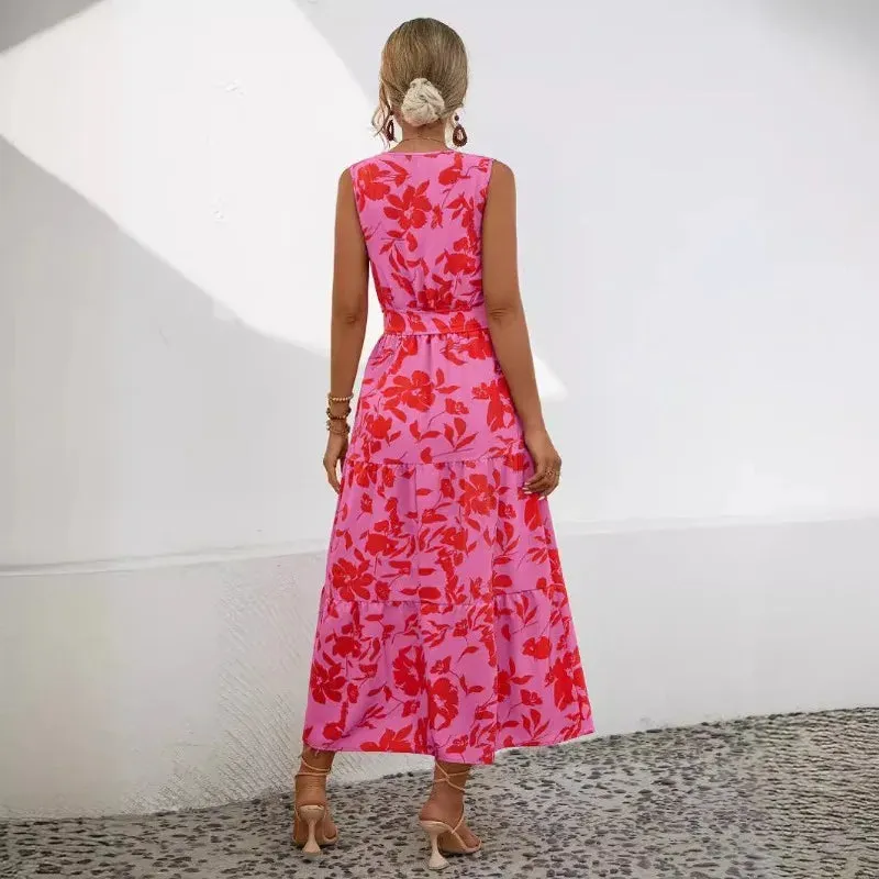 Skinny Elegant Floral V-neck Sleeveless High Waist A-line Midi Dress