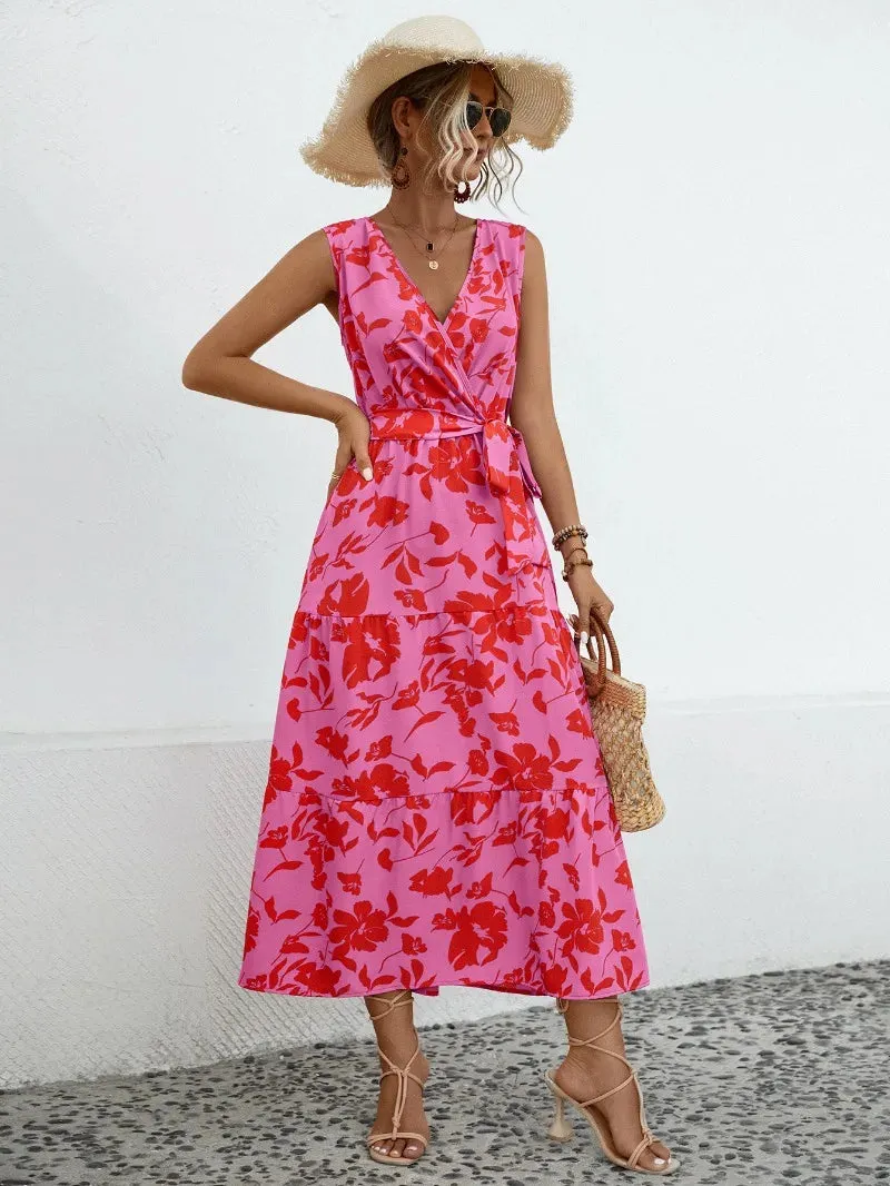 Skinny Elegant Floral V-neck Sleeveless High Waist A-line Midi Dress