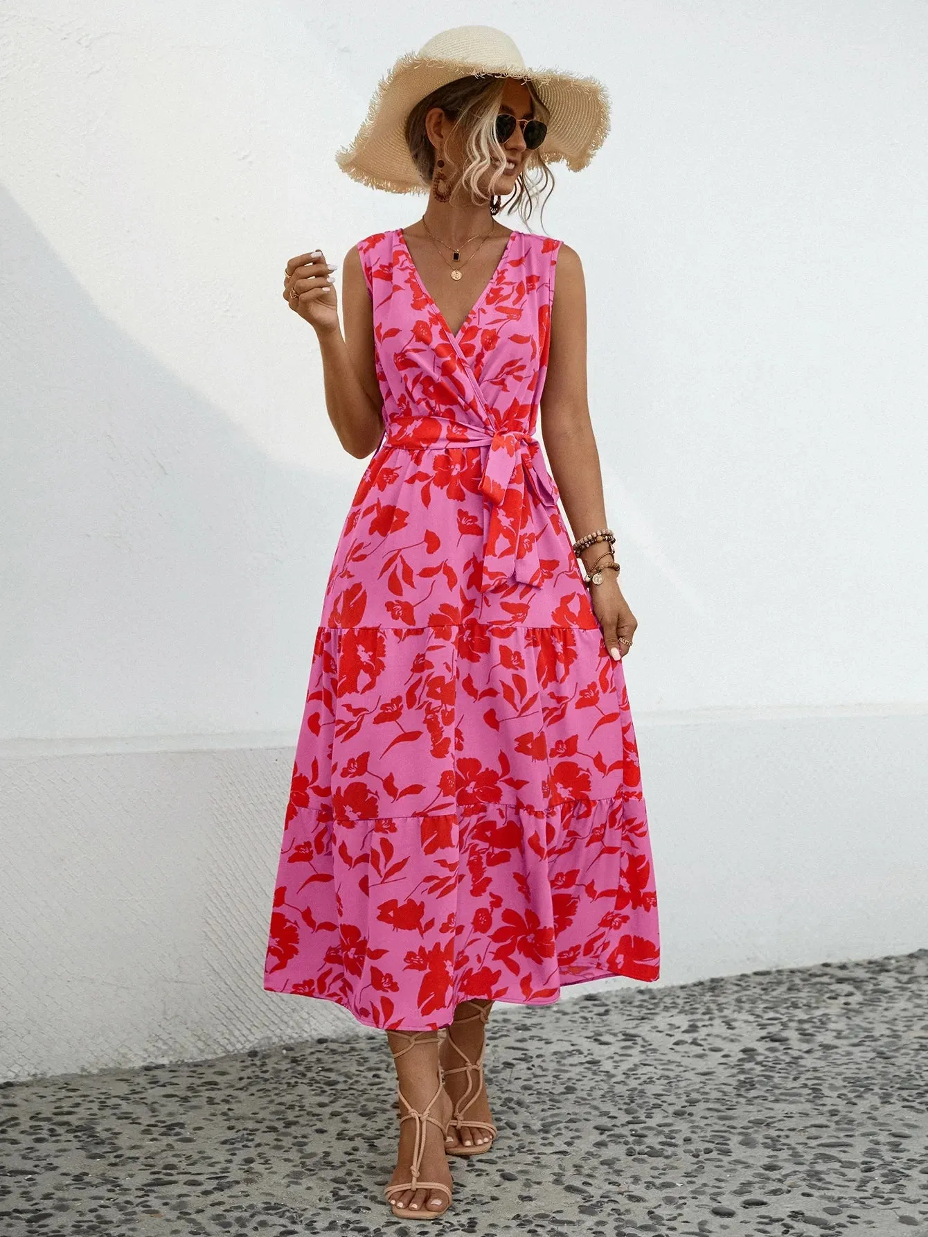 Skinny Elegant Floral V-neck Sleeveless High Waist A-line Midi Dress