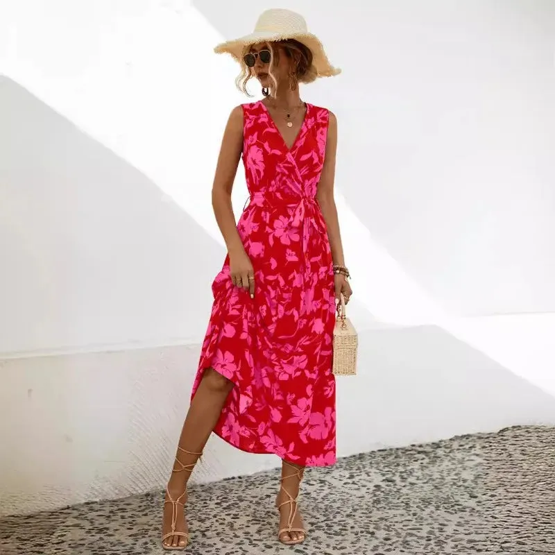 Skinny Elegant Floral V-neck Sleeveless High Waist A-line Midi Dress