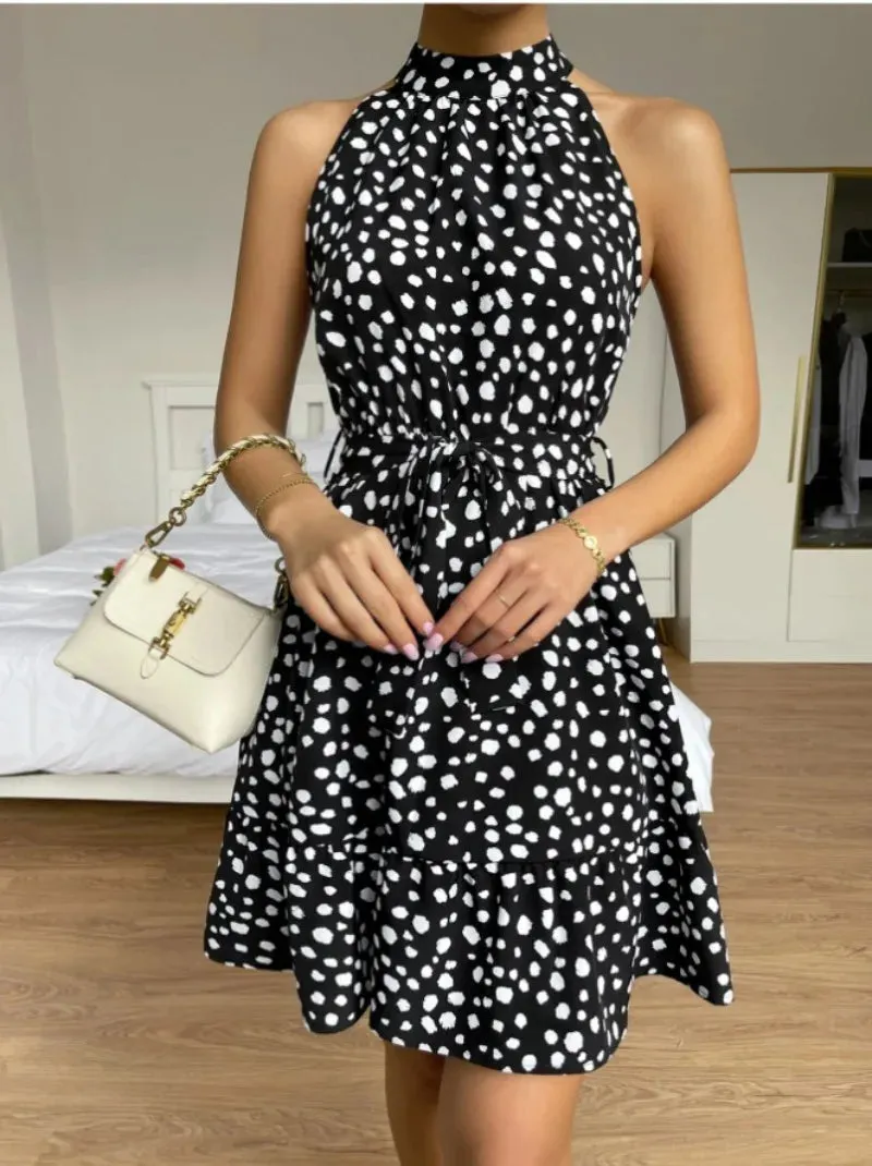 Skinny Elegant Leopard Print Summer Women's 2024 NEW O-neck Ruffle Edge Mini Dress