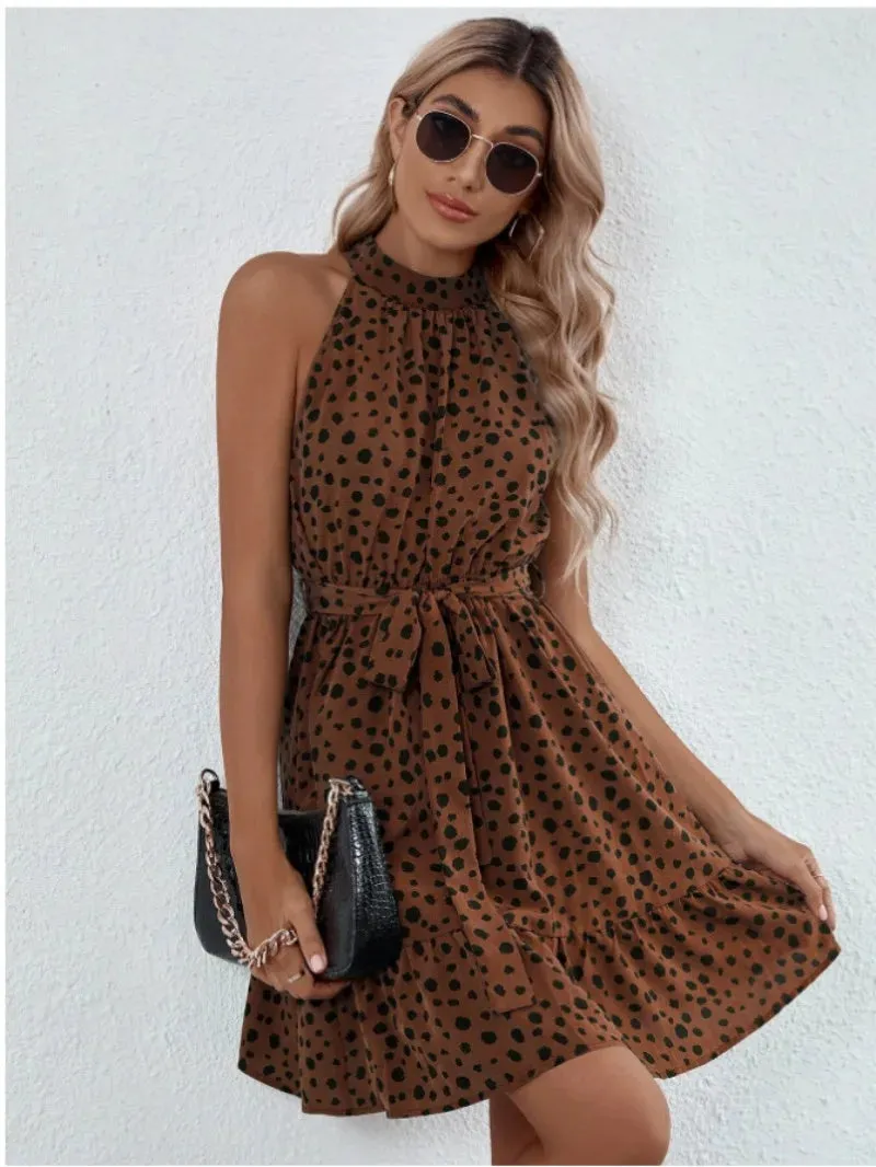 Skinny Elegant Leopard Print Summer Women's 2024 NEW O-neck Ruffle Edge Mini Dress
