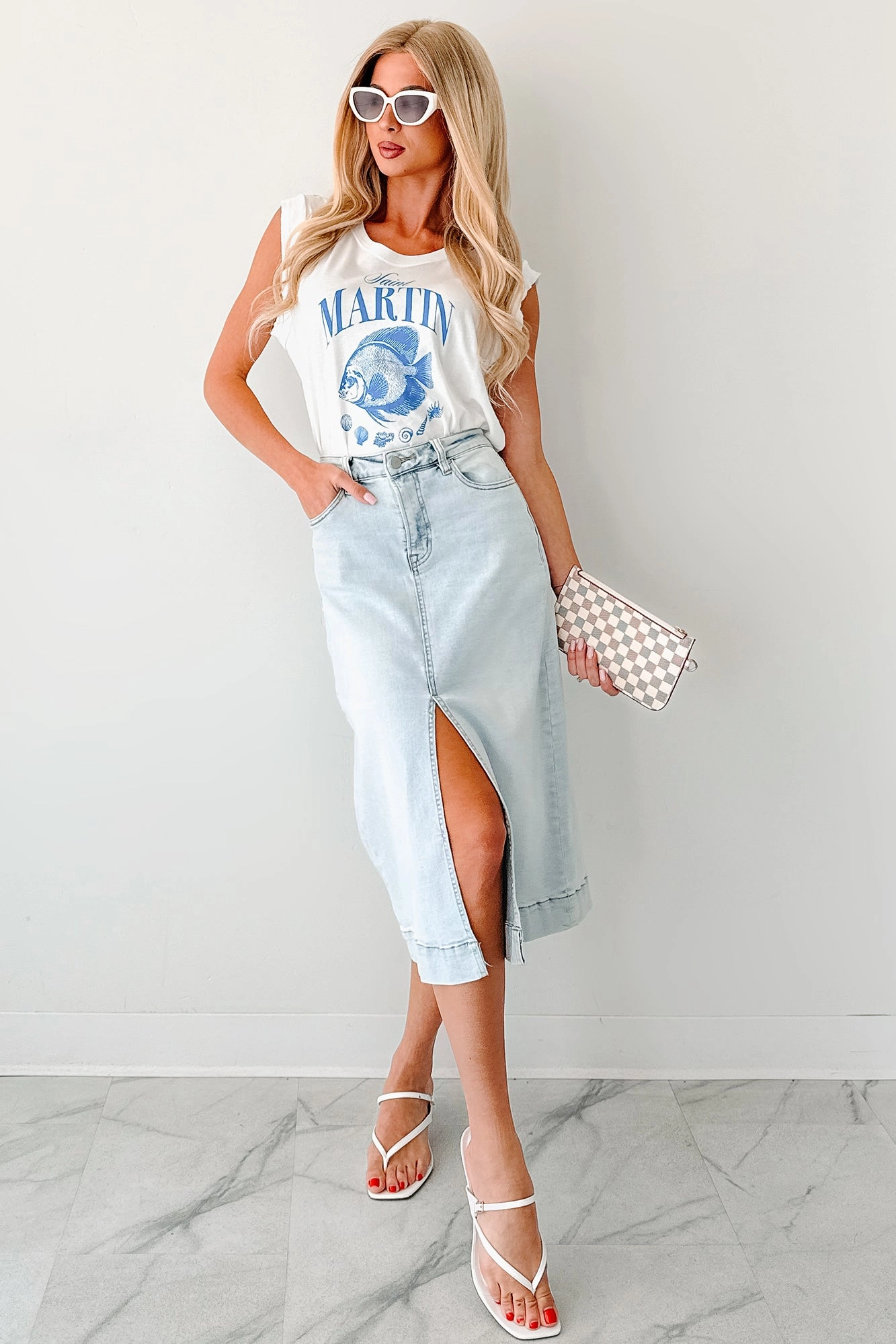 Skirtin' Around High Rise Denim Midi Skirt (Light)