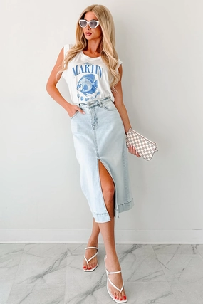 Skirtin' Around High Rise Denim Midi Skirt (Light) Skirtin' Around High Rise Denim Midi Skirt (Light)