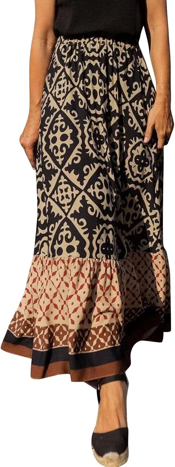 Skirts for Women Trendy Summer Casual High Elastic Waist Ruffle Hem Boha Floral Print A-Line Baggy Maxi Skirts
