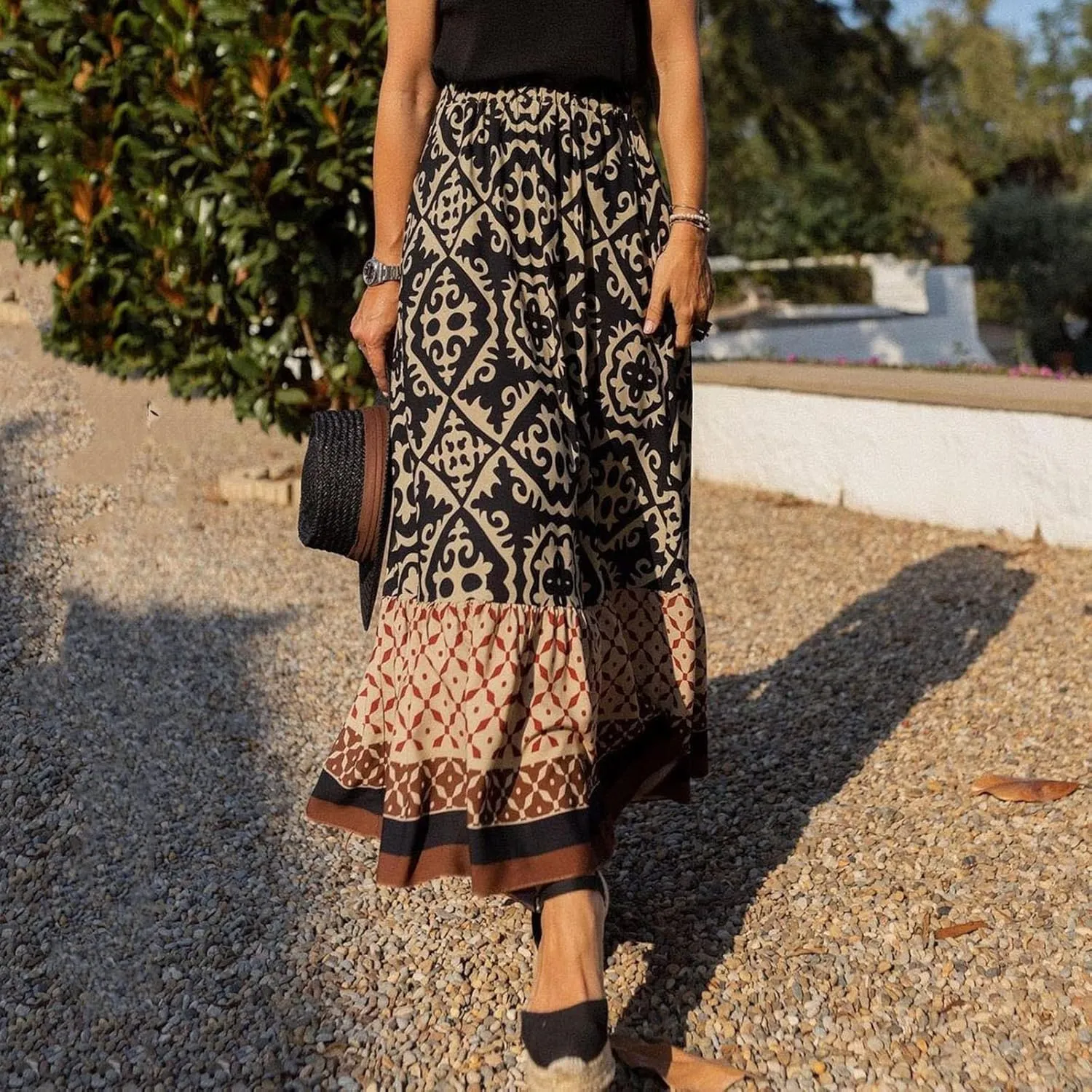 Skirts for Women Trendy Summer Casual High Elastic Waist Ruffle Hem Boha Floral Print A-Line Baggy Maxi Skirts