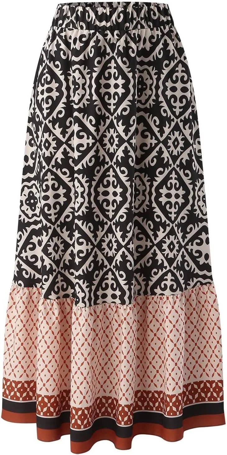 Skirts for Women Trendy Summer Casual High Elastic Waist Ruffle Hem Boha Floral Print A-Line Baggy Maxi Skirts