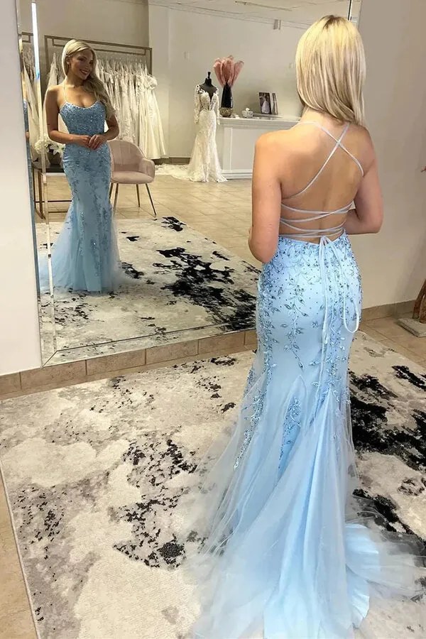 Sky Blue Tulle Mermaid Spaghetti Straps Scoop Neck Lace Prom Dresses, SLP003
