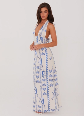 Sky Linen Maxi Dress - Floral Wave Sky Linen Maxi Dress - Floral Wave