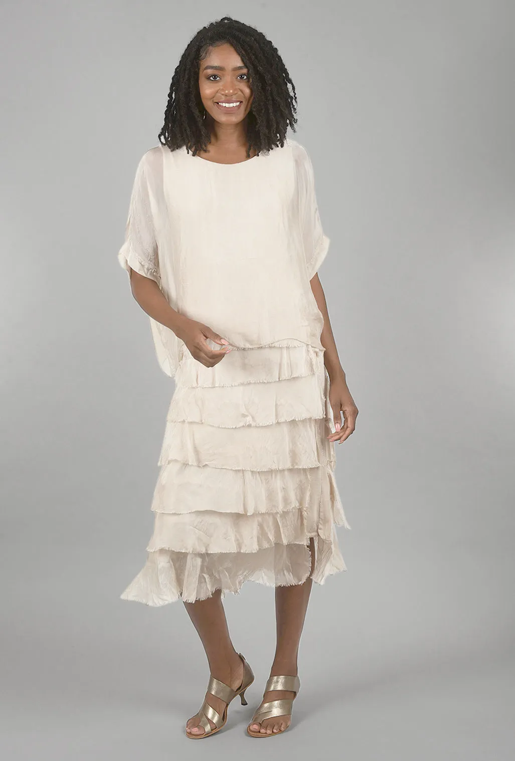 Sleeved Tattered-Tiers Dress, Champagne
