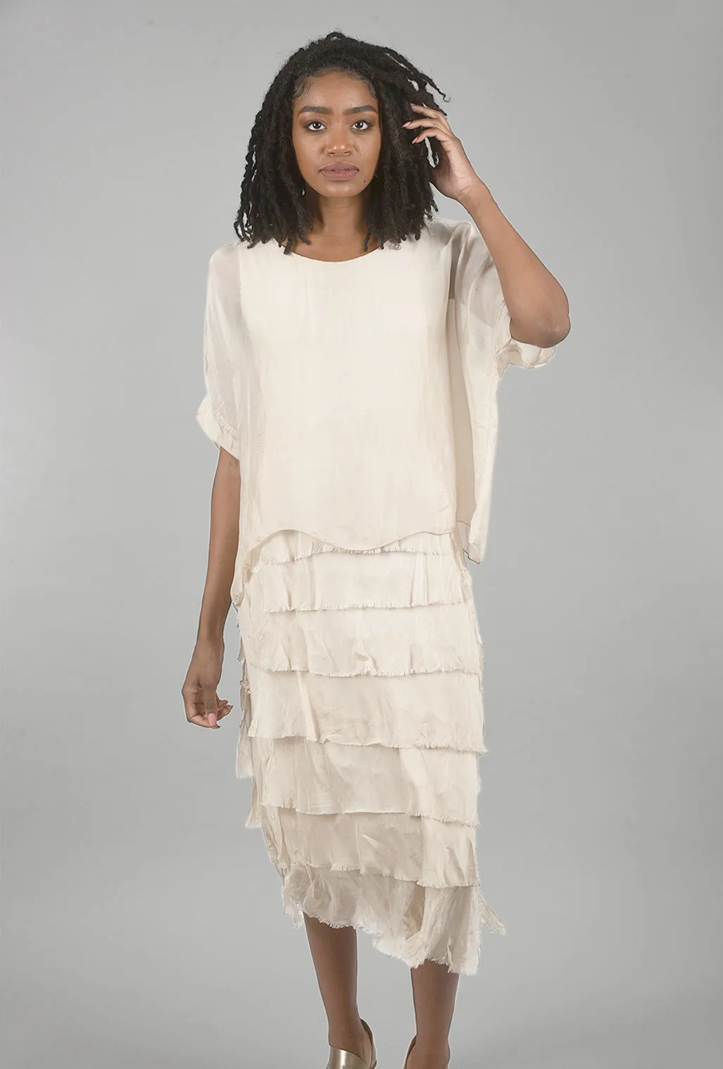 Sleeved Tattered-Tiers Dress, Champagne