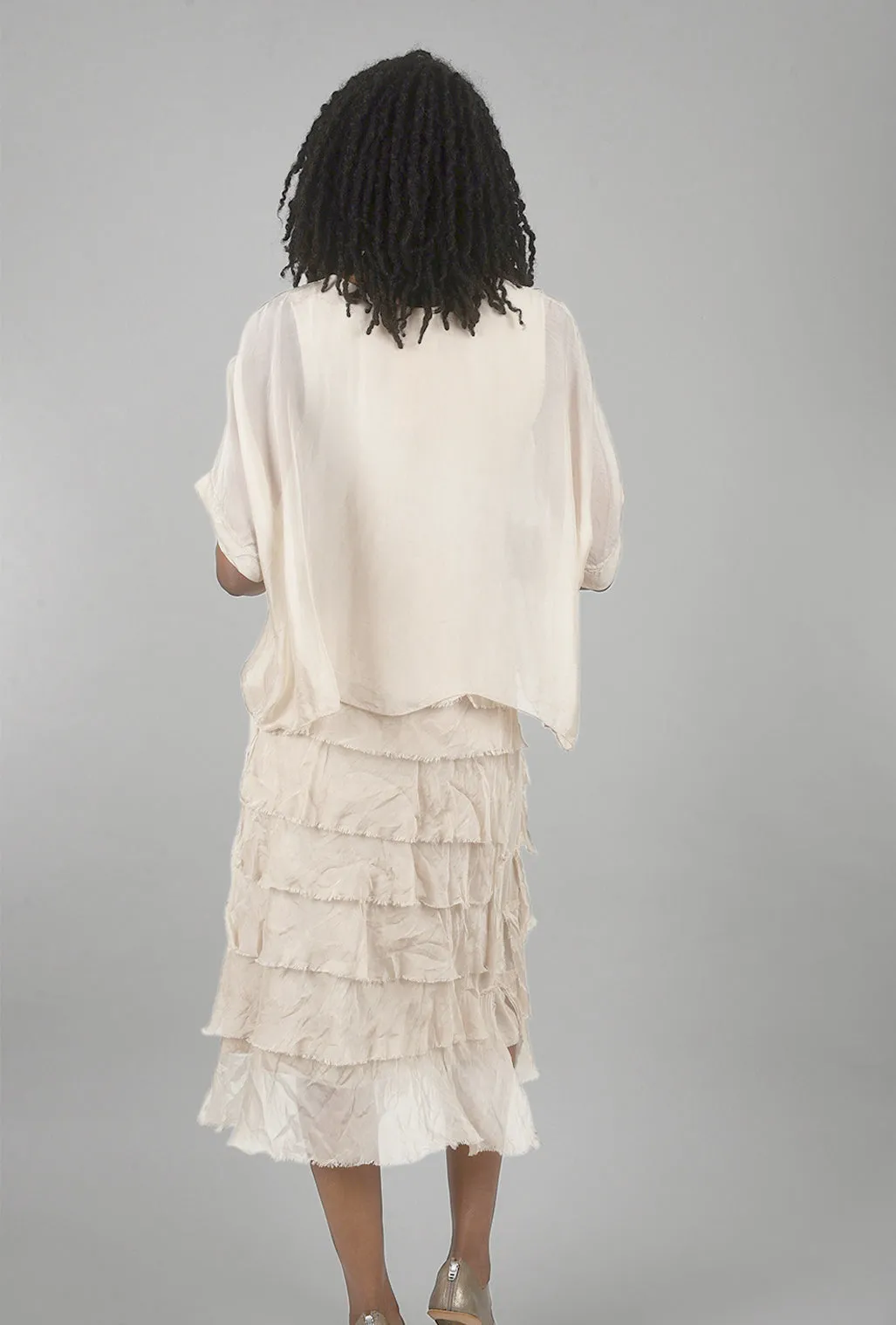 Sleeved Tattered-Tiers Dress, Champagne
