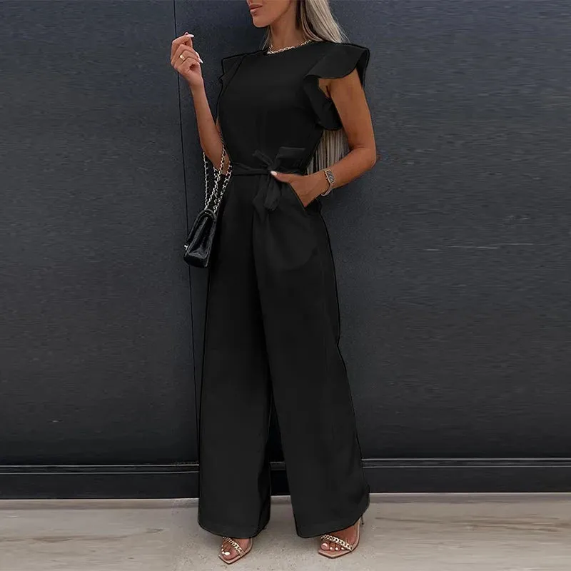 Sleeveless  Flare Leg Waist Bandage Jumpsuit