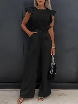 Sleeveless  Flare Leg Waist Bandage Jumpsuit