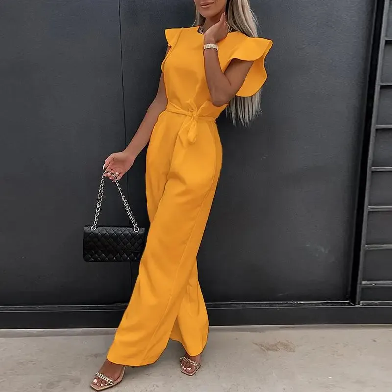 Sleeveless  Flare Leg Waist Bandage Jumpsuit