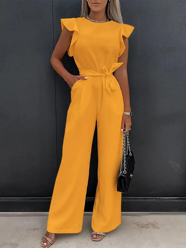 Sleeveless  Flare Leg Waist Bandage Jumpsuit