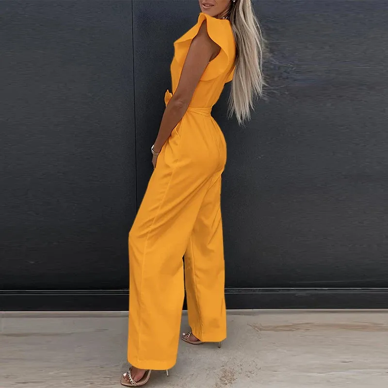Sleeveless  Flare Leg Waist Bandage Jumpsuit