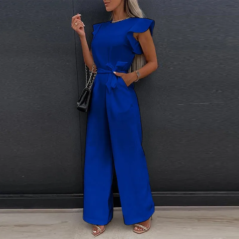 Sleeveless  Flare Leg Waist Bandage Jumpsuit