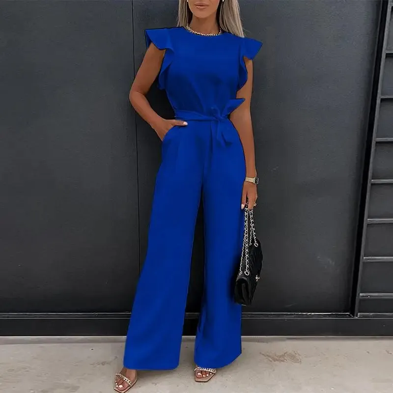Sleeveless  Flare Leg Waist Bandage Jumpsuit