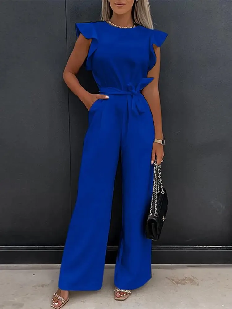 Sleeveless  Flare Leg Waist Bandage Jumpsuit