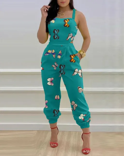 Sleeveless Print Square Neck Hollow-Out Backless Jumpsuit