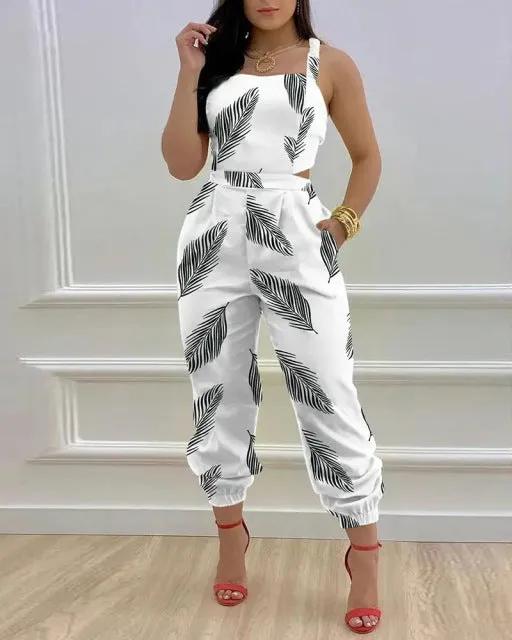Sleeveless Print Square Neck Hollow-Out Backless Jumpsuit