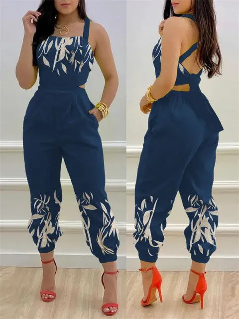 Sleeveless Print Square Neck Hollow-Out Backless Jumpsuit