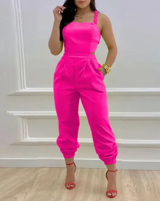 Sleeveless Print Square Neck Hollow-Out Backless Jumpsuit