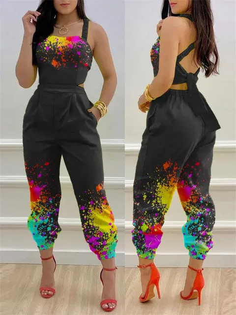 Sleeveless Print Square Neck Hollow-Out Backless Jumpsuit
