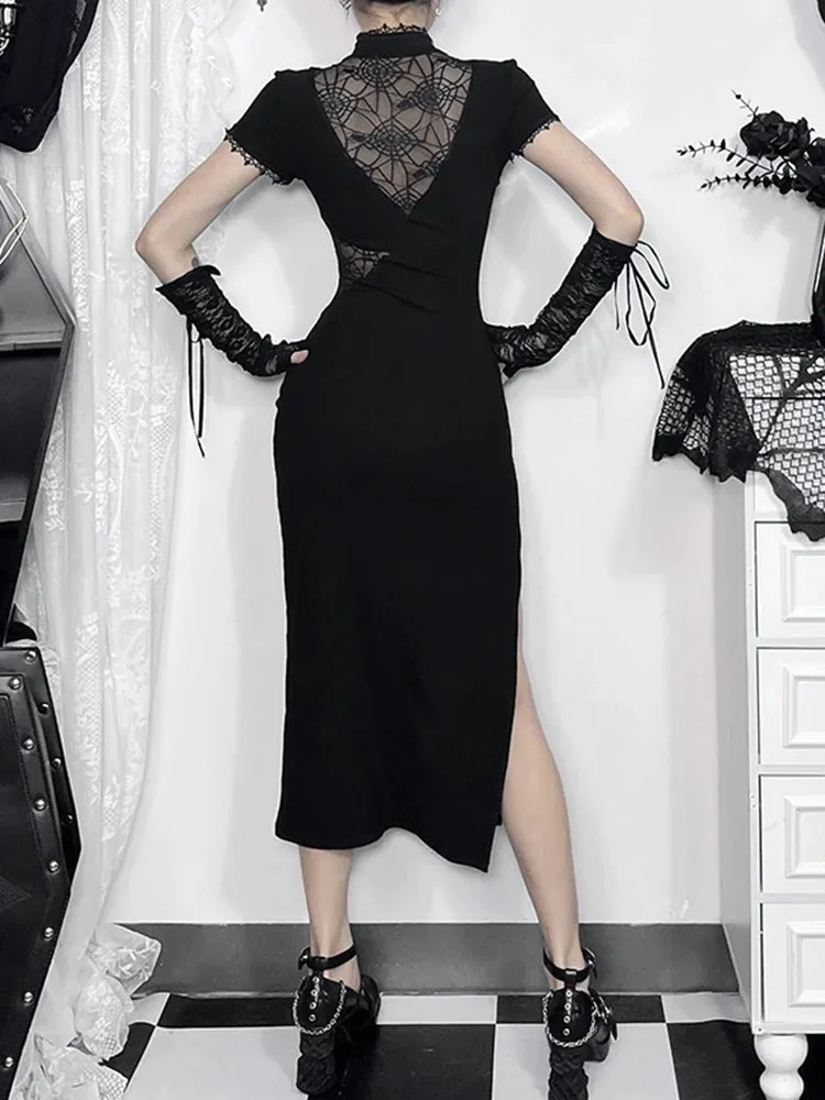 Slim Gothic Spliced Cheongsam Vintage Lace Bodycon Patchwork Side Slit Dress