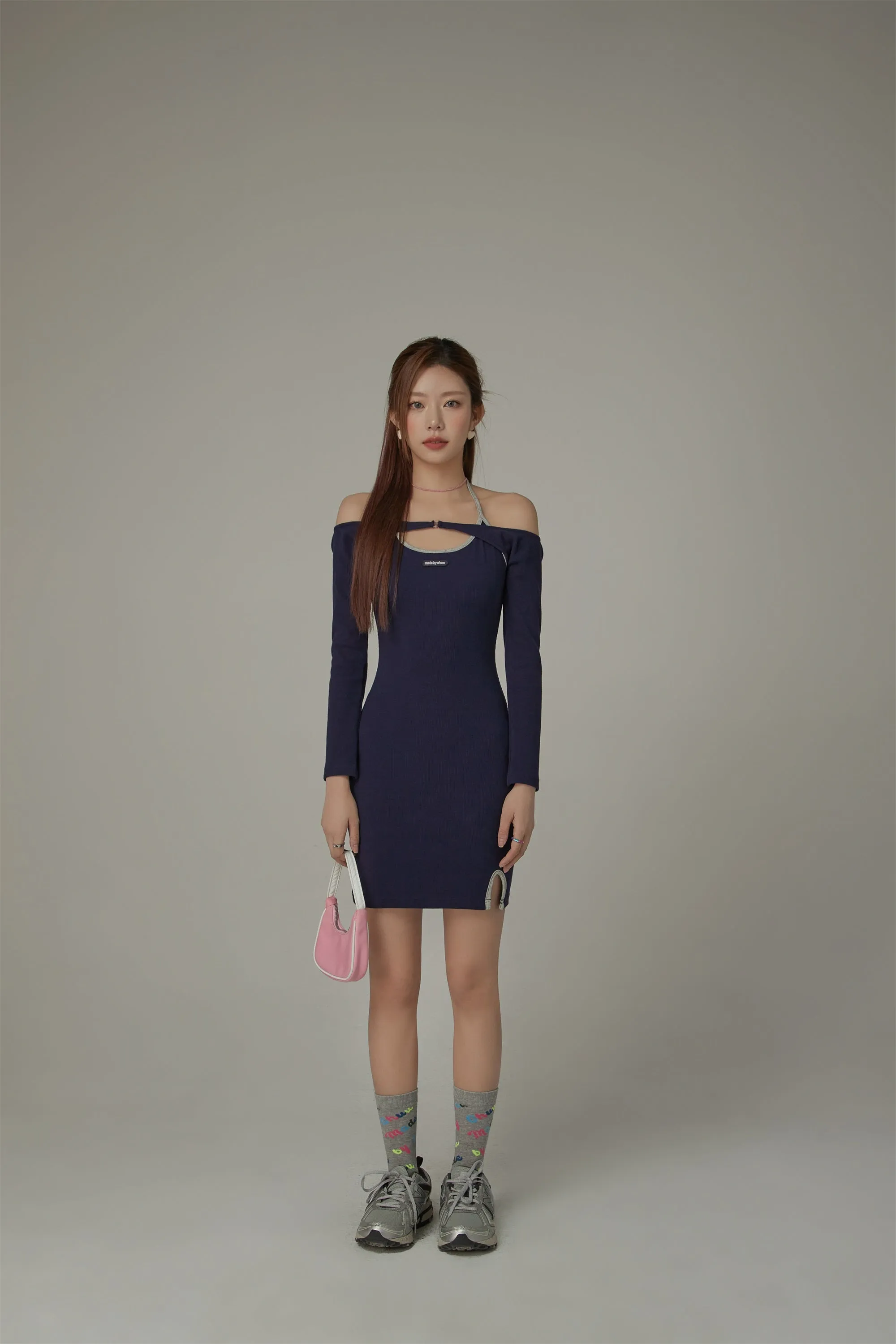 Slit Halter Neck Basic Long Sleeve Mini Dress