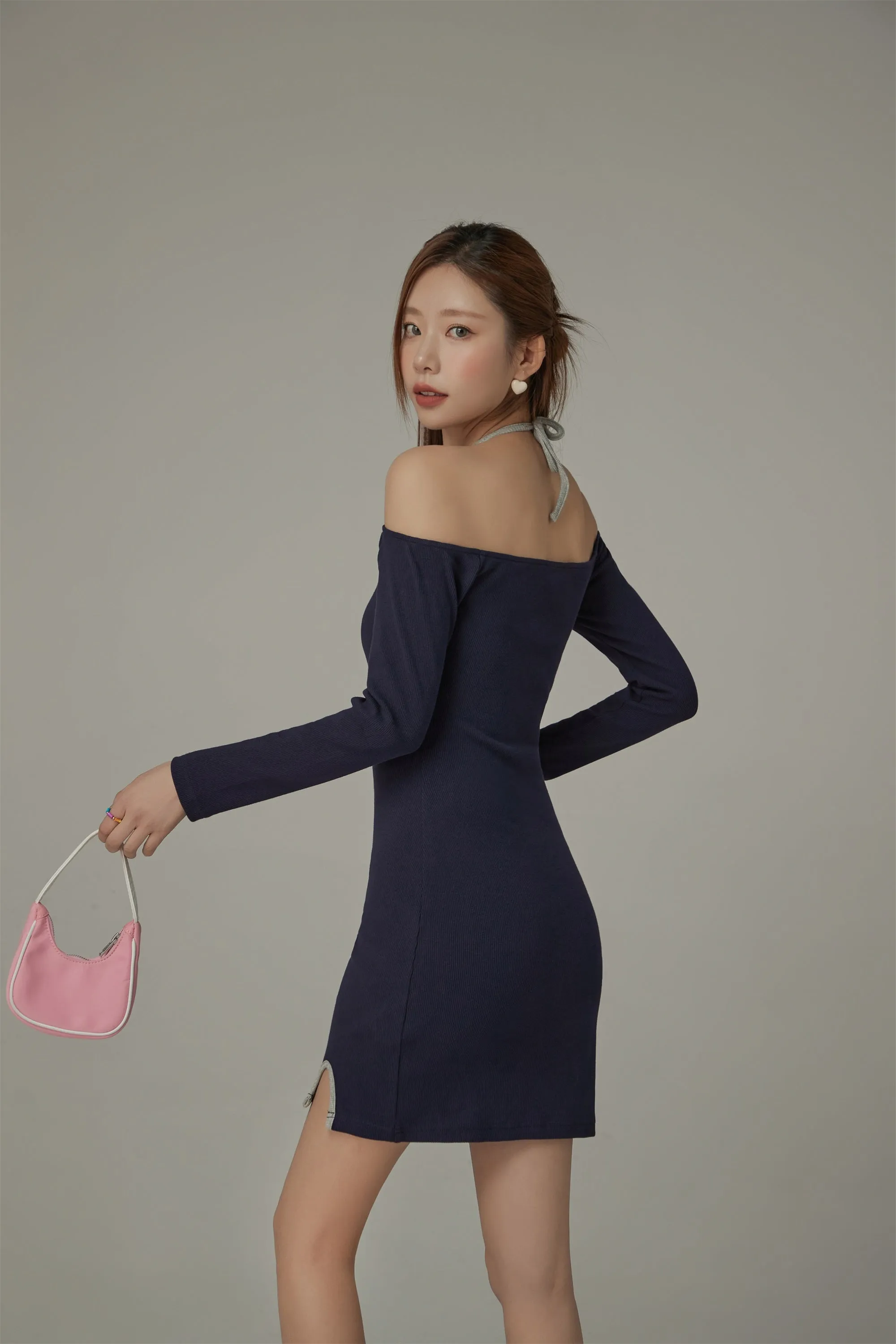 Slit Halter Neck Basic Long Sleeve Mini Dress