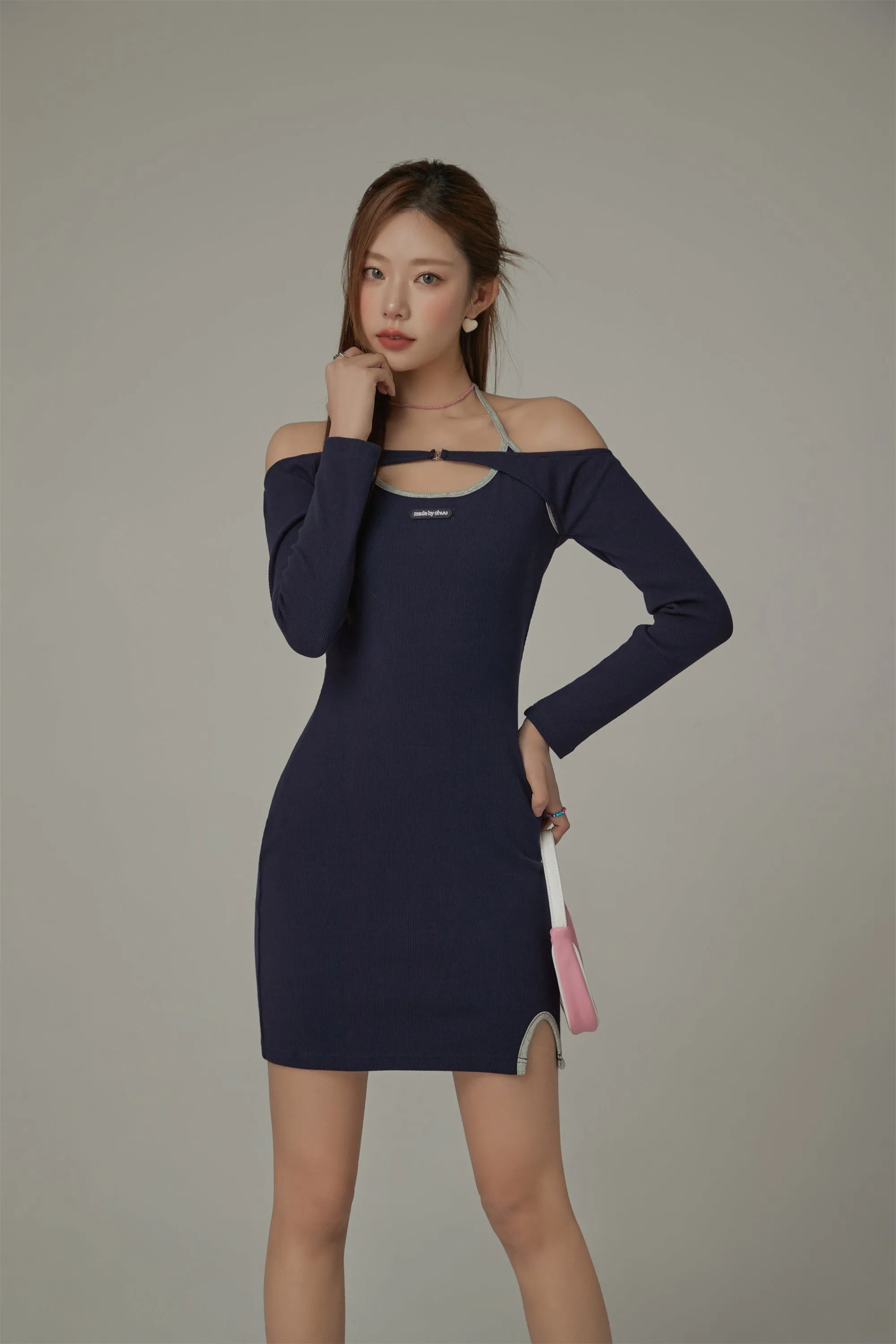 Slit Halter Neck Basic Long Sleeve Mini Dress